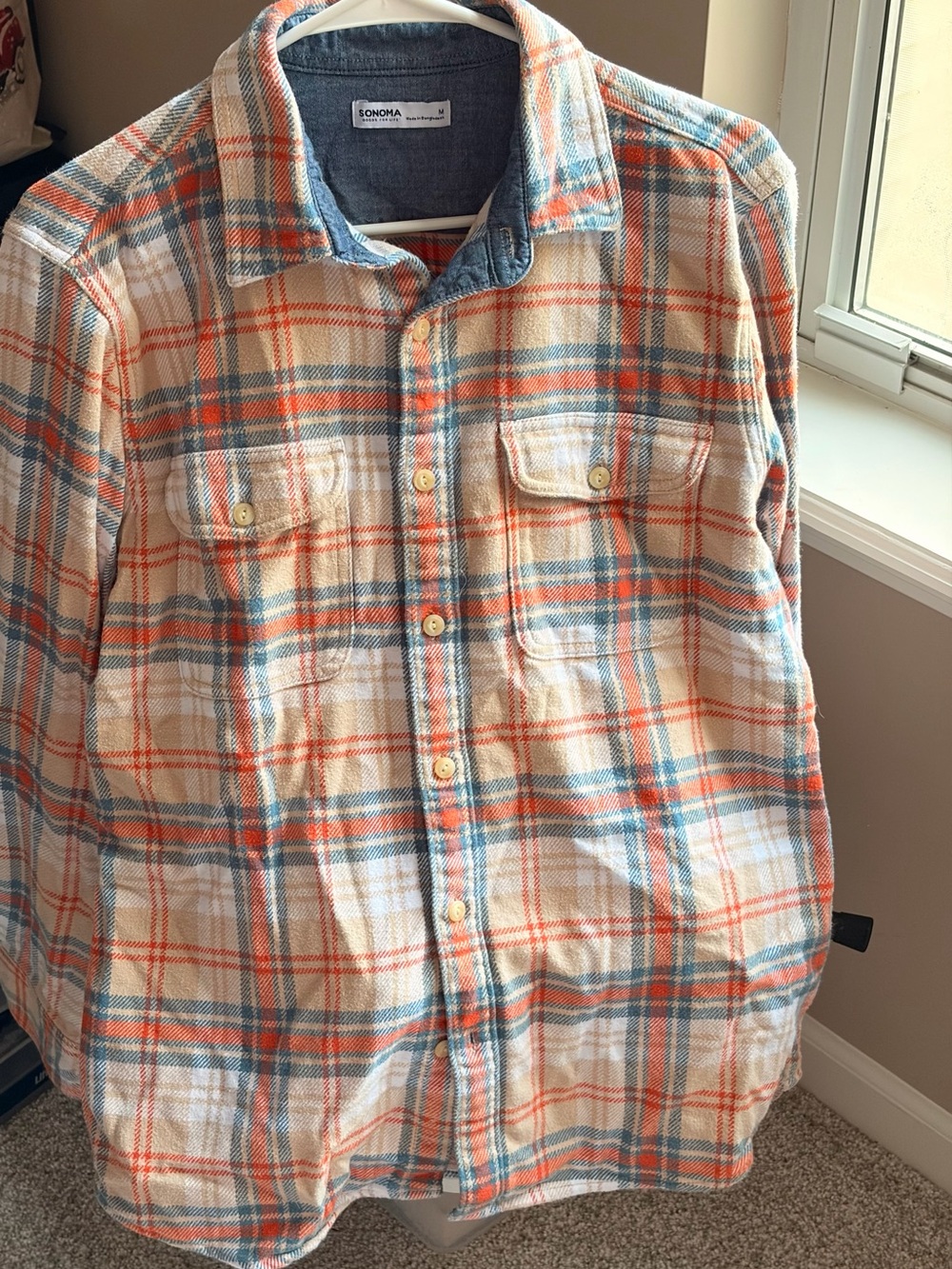 Sonoma Cream Plaid Shirt Jacket with Orange and Blue Stripes